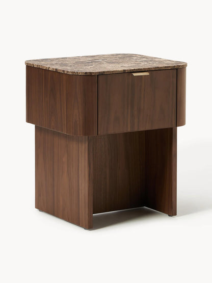 Table de nuit en noyer avec plateau en marbre Zumi